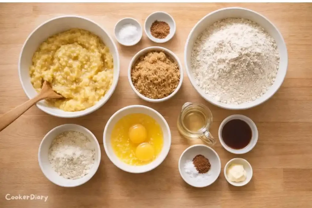 Flat-lay of banana bread ingredients on a wooden surface with bowls and utensils.