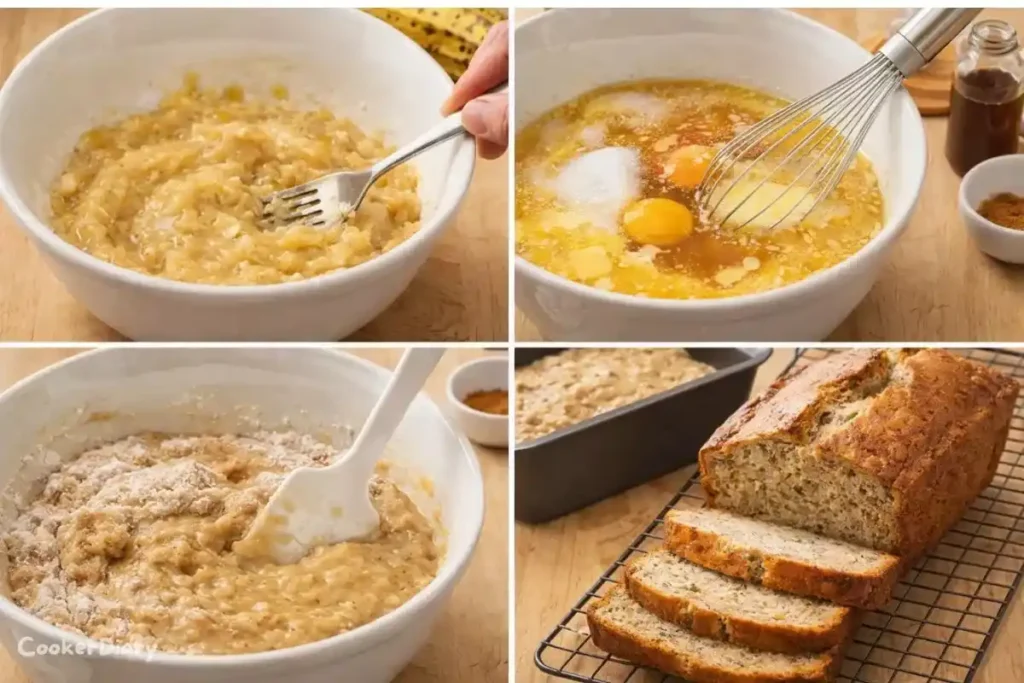 Four-step composite showing the recipe preparation from mashing bananas to baked loaf.