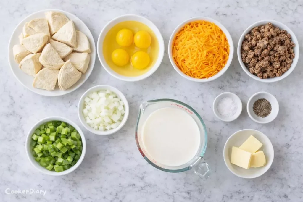 Ingredients for breakfast biscuit casserole arranged on a countertop