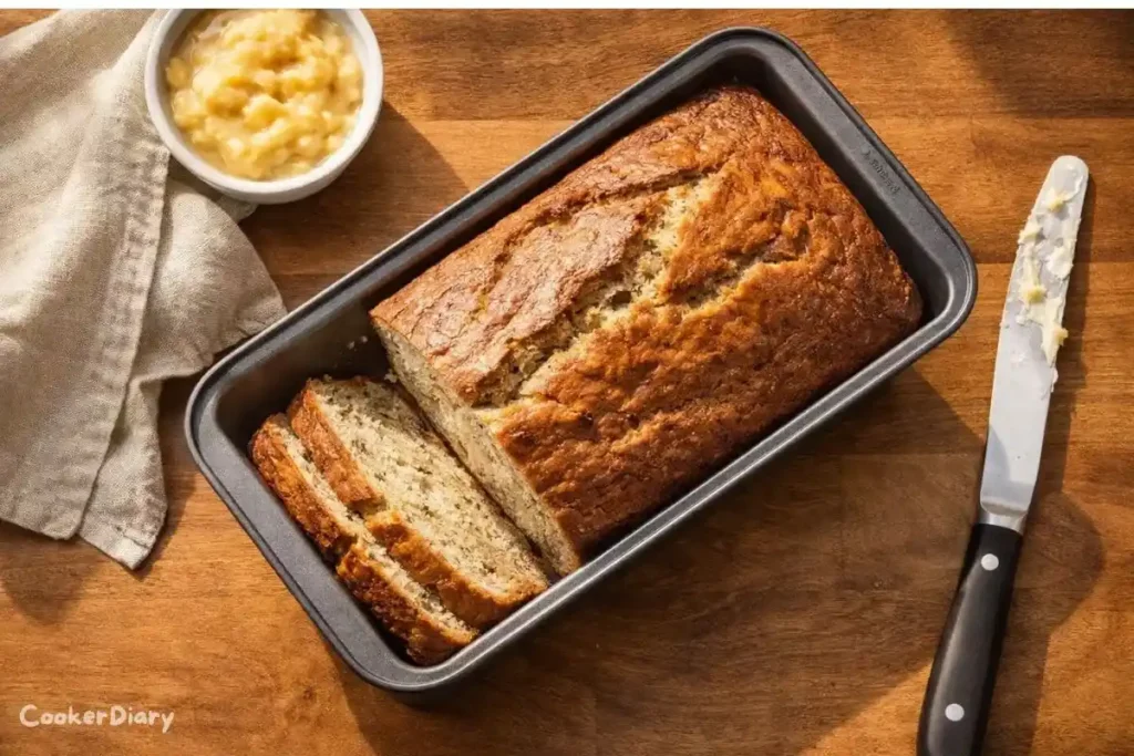 Top-down view of freshly baked banana bread in a gray nonstick loaf pan.