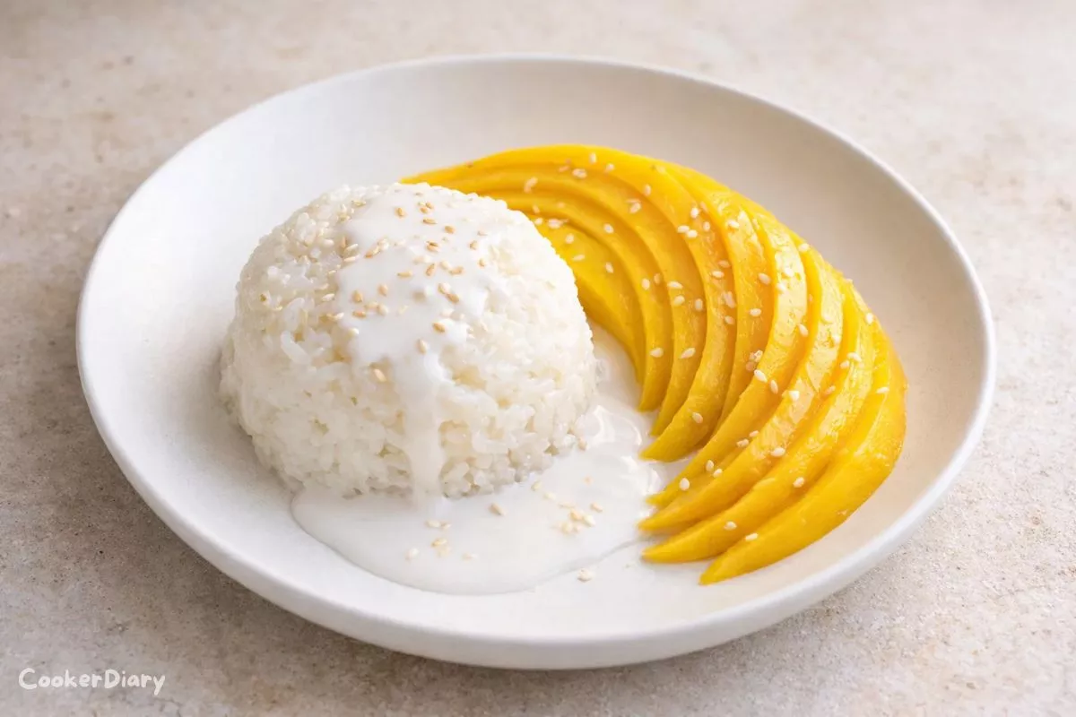 Top-down view of mango sticky rice with coconut cream and fresh mango slices on a white plate.