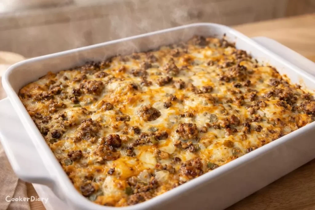 Side view of cheesy breakfast biscuit casserole
