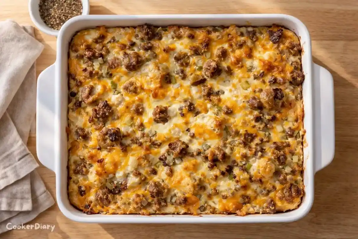 Breakfast biscuit casserole baked golden with sausage, eggs, and melted cheddar cheese
