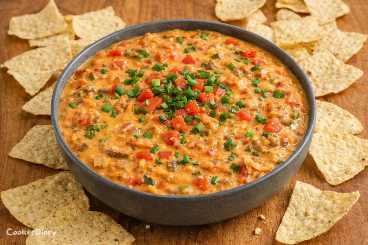 Top-down view of a creamy Rotel dip in a dark gray bowl, garnished with green onions and surrounded by tortilla chips on a wooden counter.