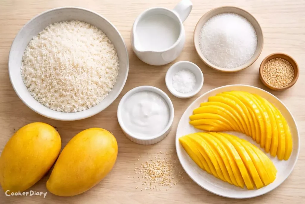 Flat lay of mango sticky rice ingredients including glutinous rice, coconut milk, mangoes, and sugar.