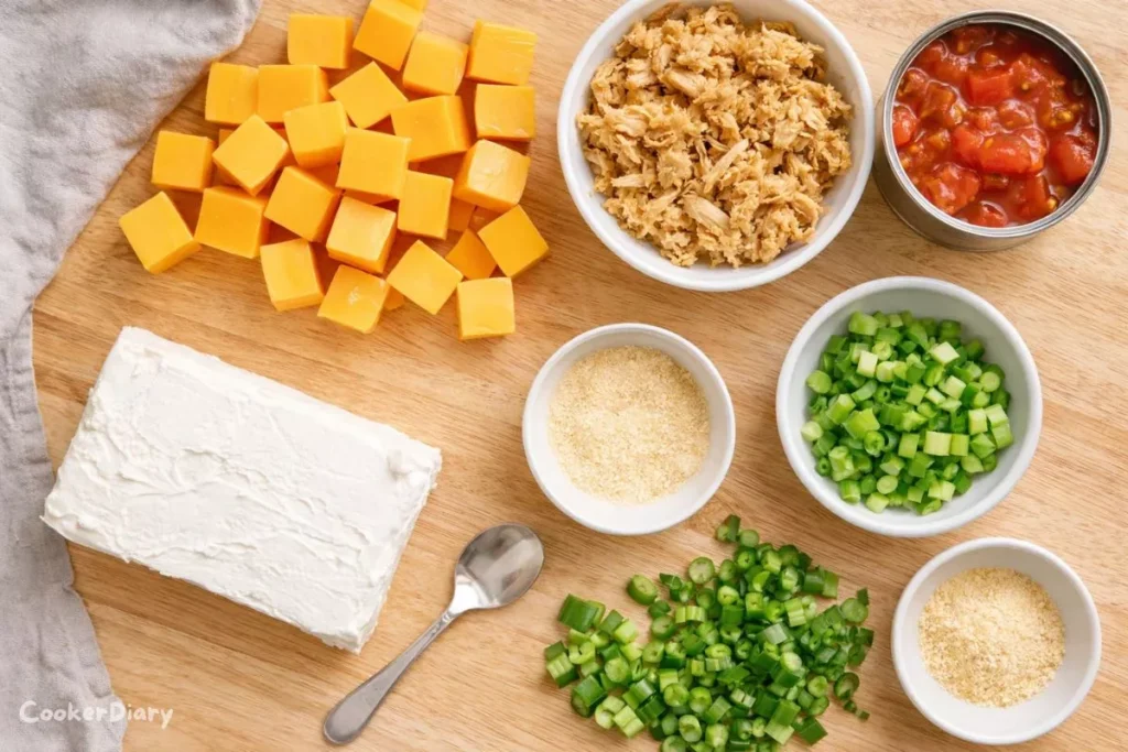 Flat-lay of raw ingredients for Rotel dip, including Velveeta, cream cheese, shredded chicken, Rotel tomatoes, jalapeño, garlic powder, and green onions.