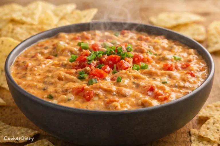Close-up angled view of Rotel dip in a bowl, showing melted cheese layers, chicken, and garnished green onions.