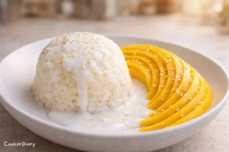 Angled close-up of mango sticky rice with coconut sauce and mango slices.