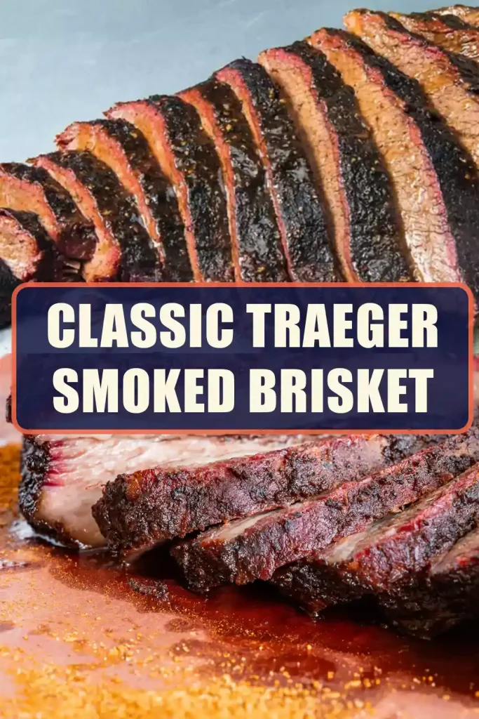 A perfectly smoked brisket on a Traeger grill, showcasing the rich bark and juicy meat achieved through classic smoking techniques.