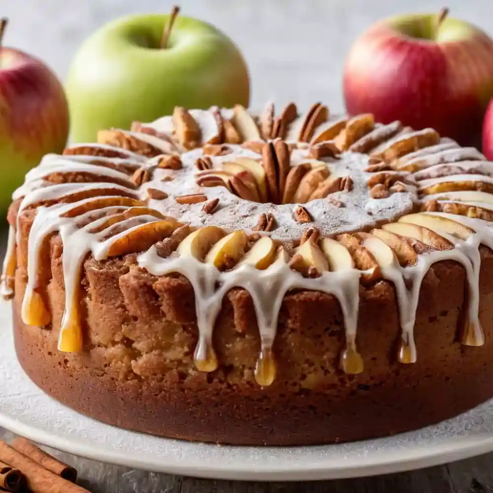 Slice of apple cinnamon cake served with fresh apple slices, garnished with cinnamon.