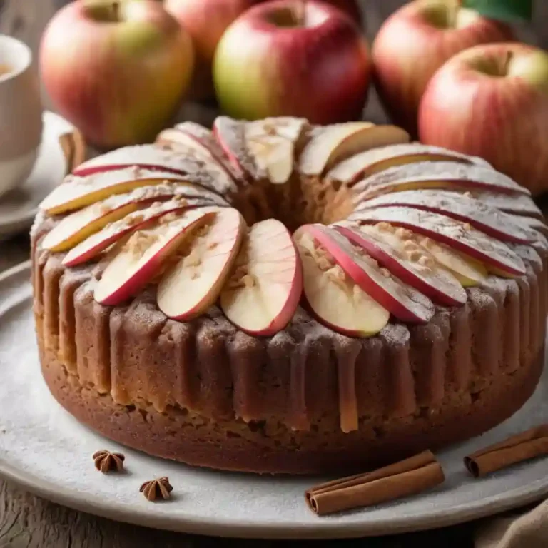 Moist apple cinnamon cake topped with a cinnamon glaze, showcasing the perfect combination of apples and spices.