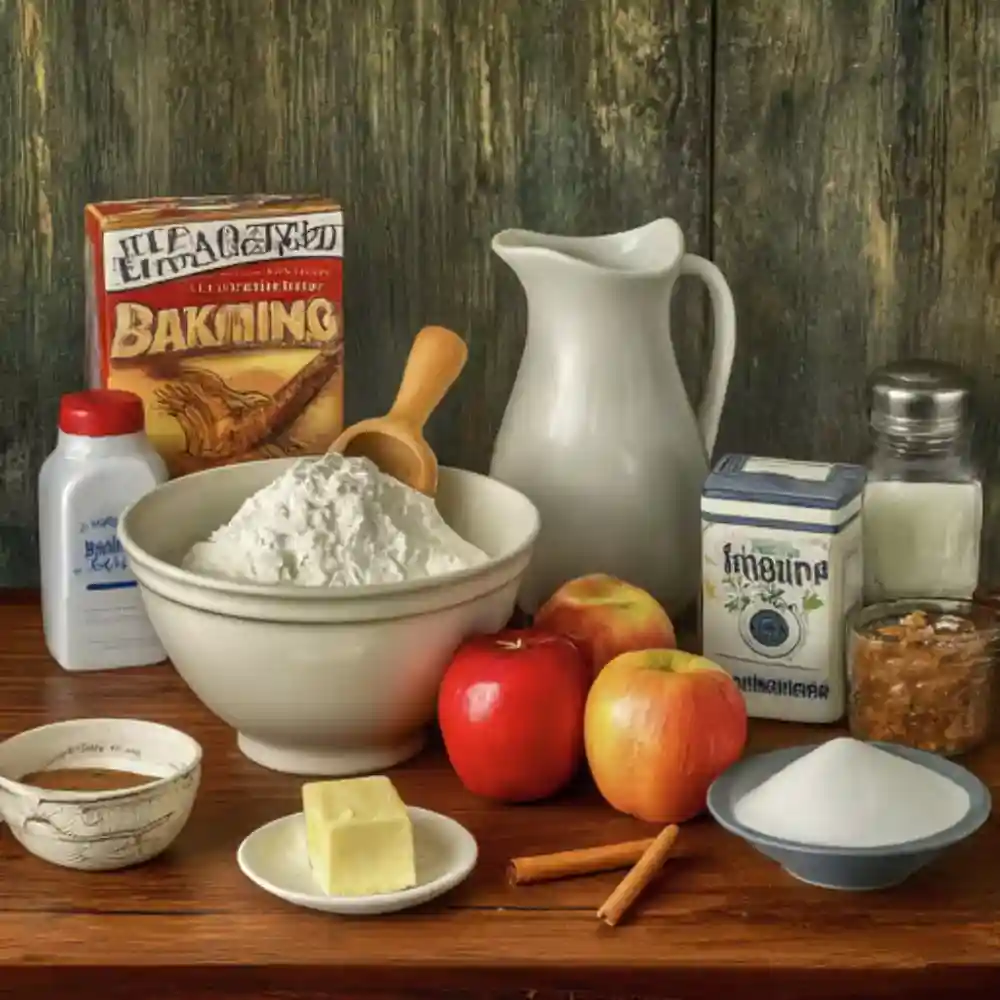 Ingredients for apple cinnamon cake recipe, including apples, cinnamon, flour, sugar, and eggs.