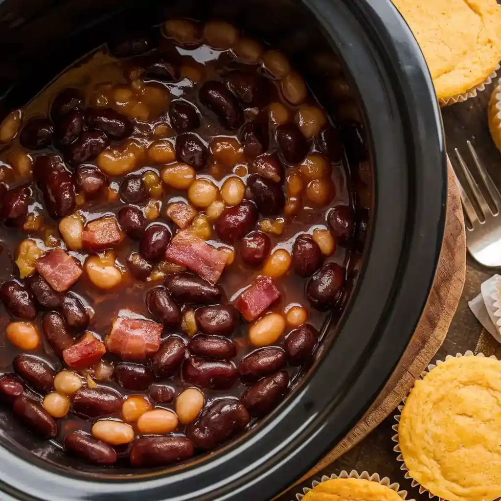 A steaming pot of bourbon-baked beans, rich and flavorful, garnished with fresh herbs for a savory side dish.