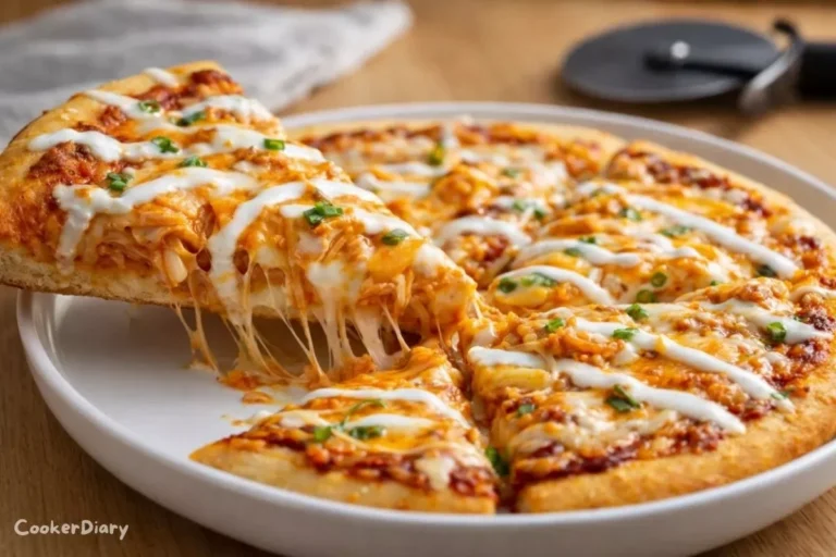 Side angle buffalo chicken pizza slice