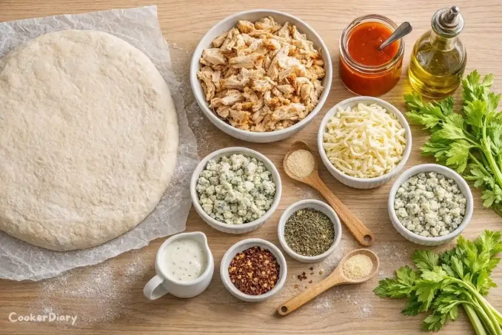 Ingredients for buffalo chicken pizza on a wooden counter