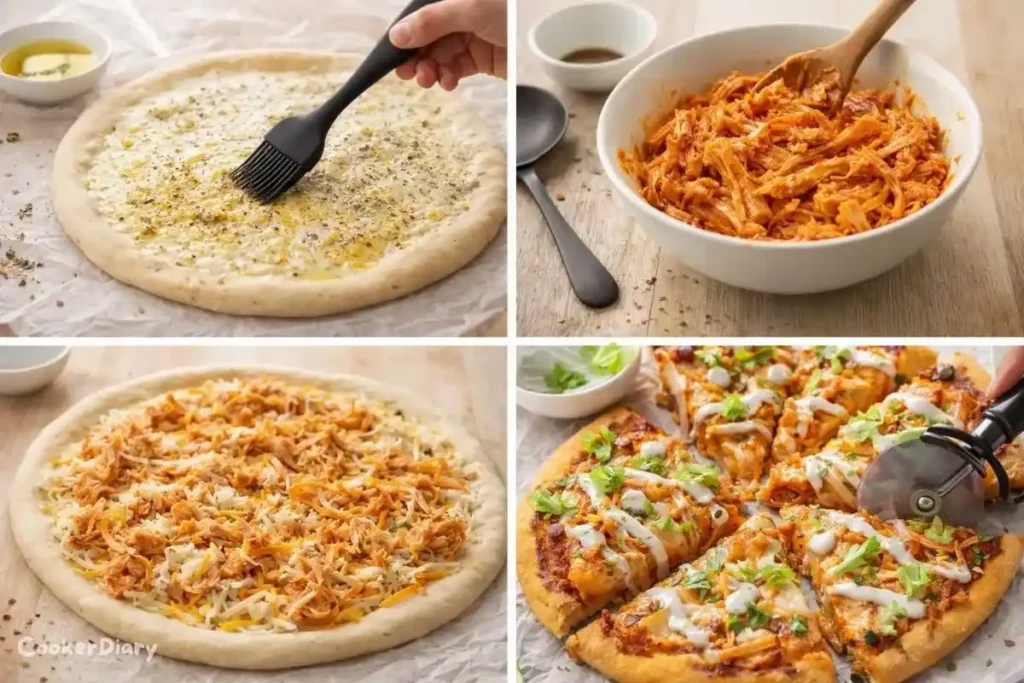 the pizza cooking steps in four panels
