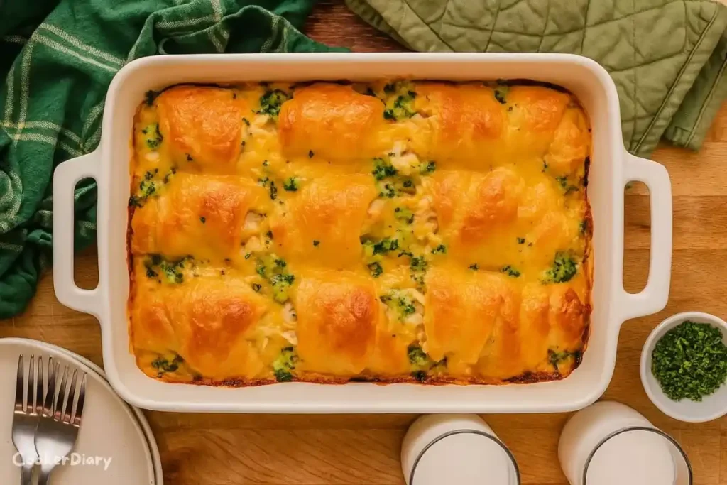 Top-down view of a baked cheesy chicken and broccoli crescent roll casserole in a glass baking dish, golden crust, bubbly melted cheese.