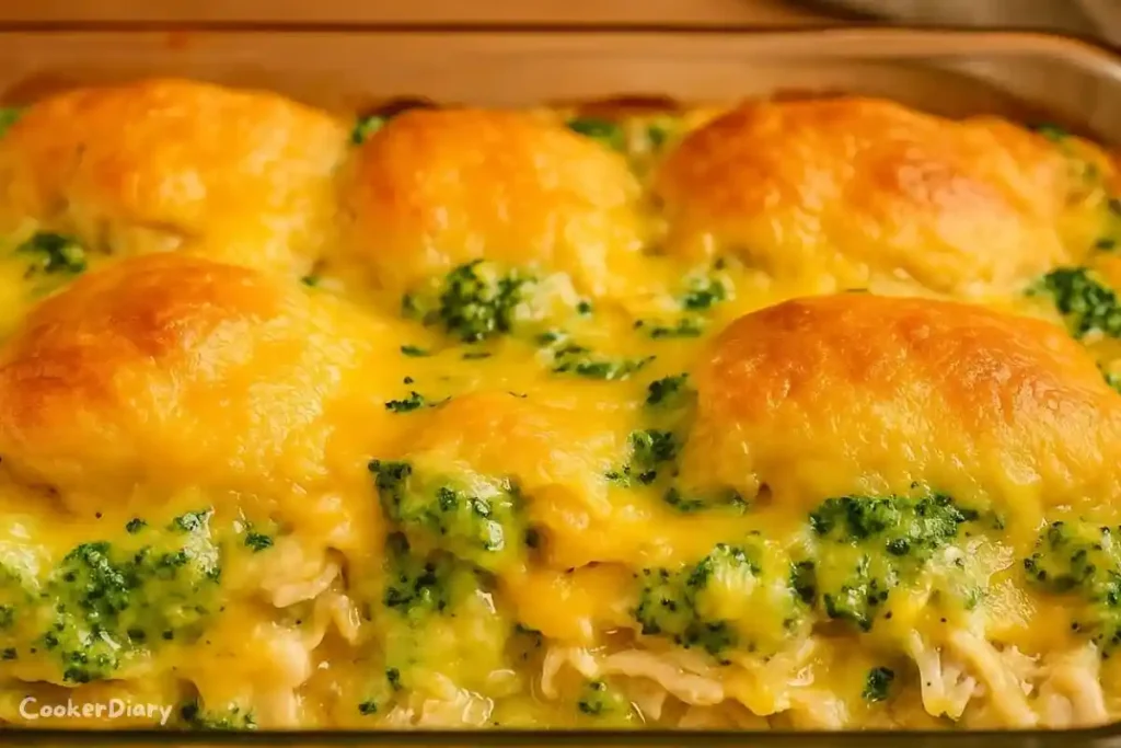 Angled close-up of cheesy chicken crescent roll bake showing bubbling cheese, golden crust, and broccoli filling.