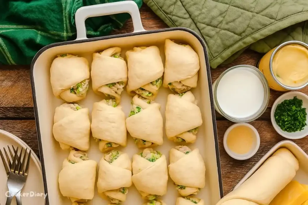 Flat-lay of raw ingredients for cheesy chicken crescent roll bake, including chicken, broccoli, crescent rolls, cheese, milk, and seasonings.