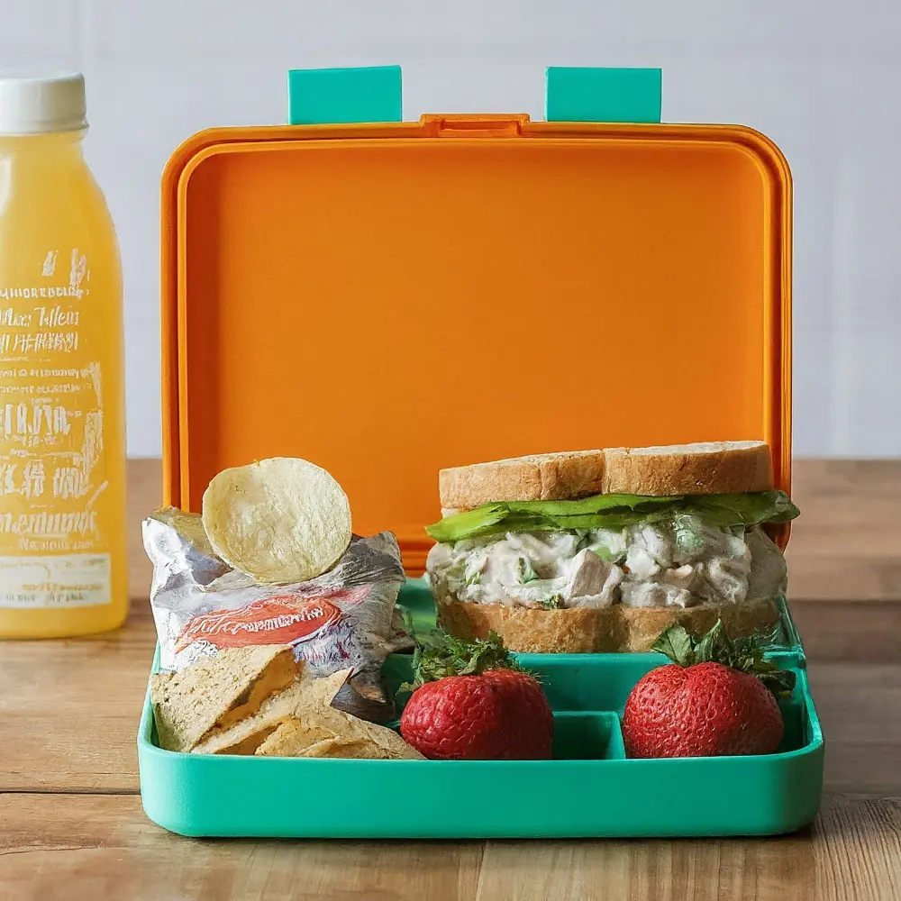 A beautifully plated chicken salad sandwich on whole-grain bread with fresh lettuce and tomato slices.