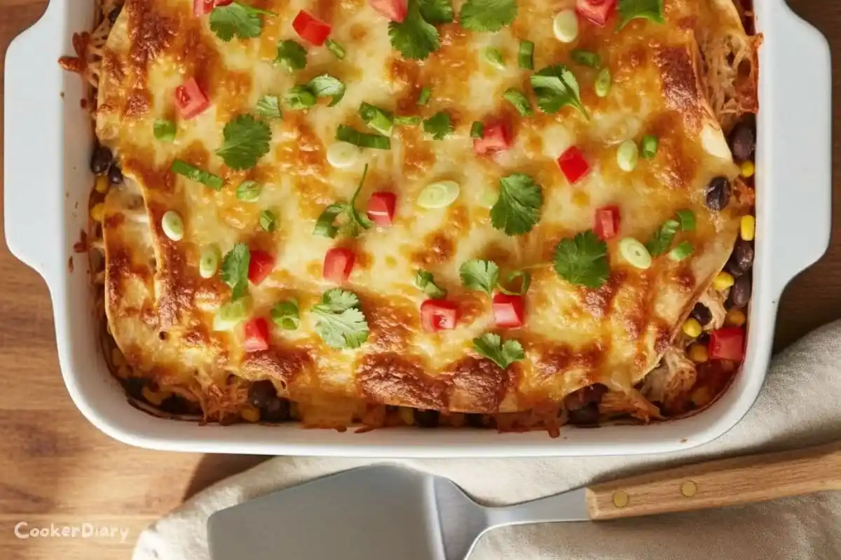 Top-down view of cheesy chicken taco bake in a white casserole dish with toppings.