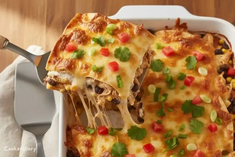 Side-angle close-up of chicken taco bake with a serving lifted to show layers.