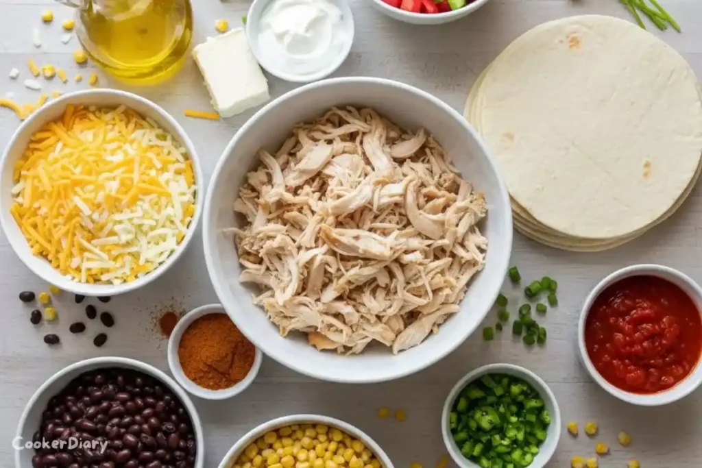 Flat-lay of chicken taco bake ingredients arranged in white bowls on wooden surface.