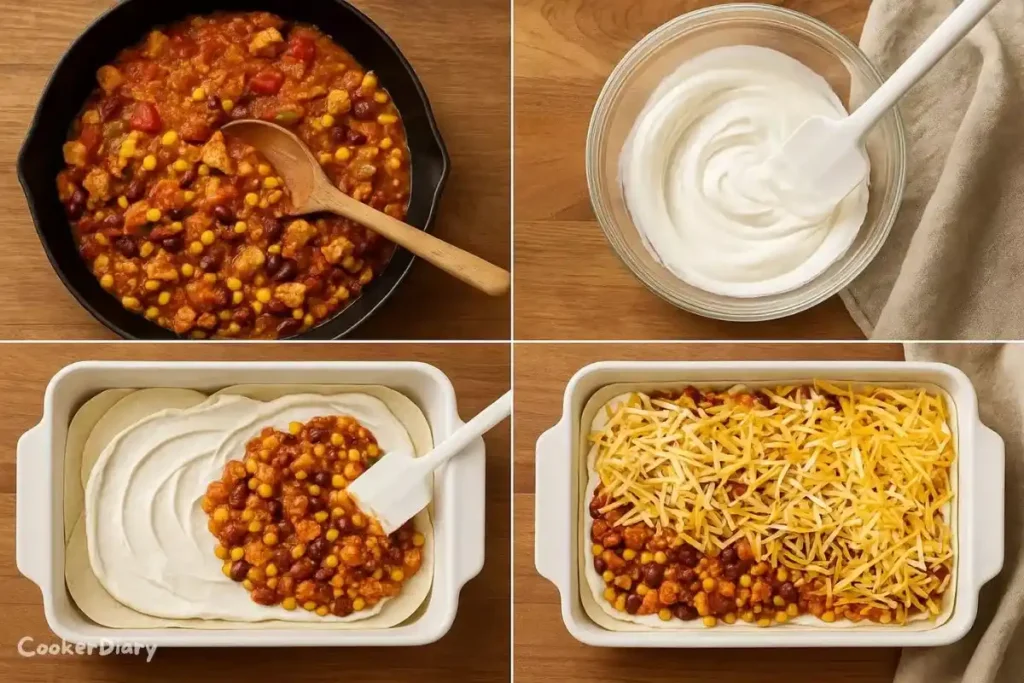 Four-step composite showing cooking chicken mixture, mixing cream base, layering casserole, and preparing for oven.