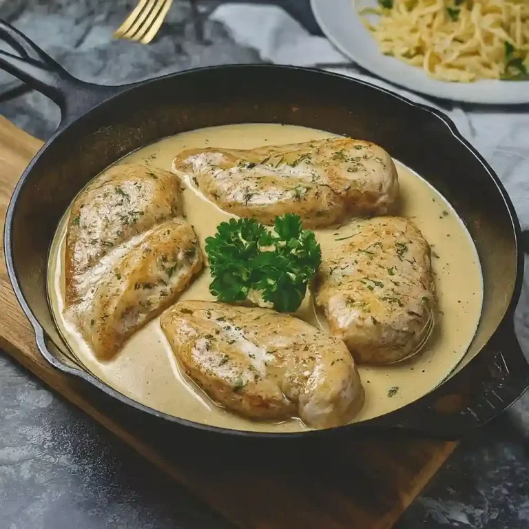Chicken in White Wine Sauce: Delicious chicken breasts cooked in a creamy white wine sauce, garnished with fresh herbs.
