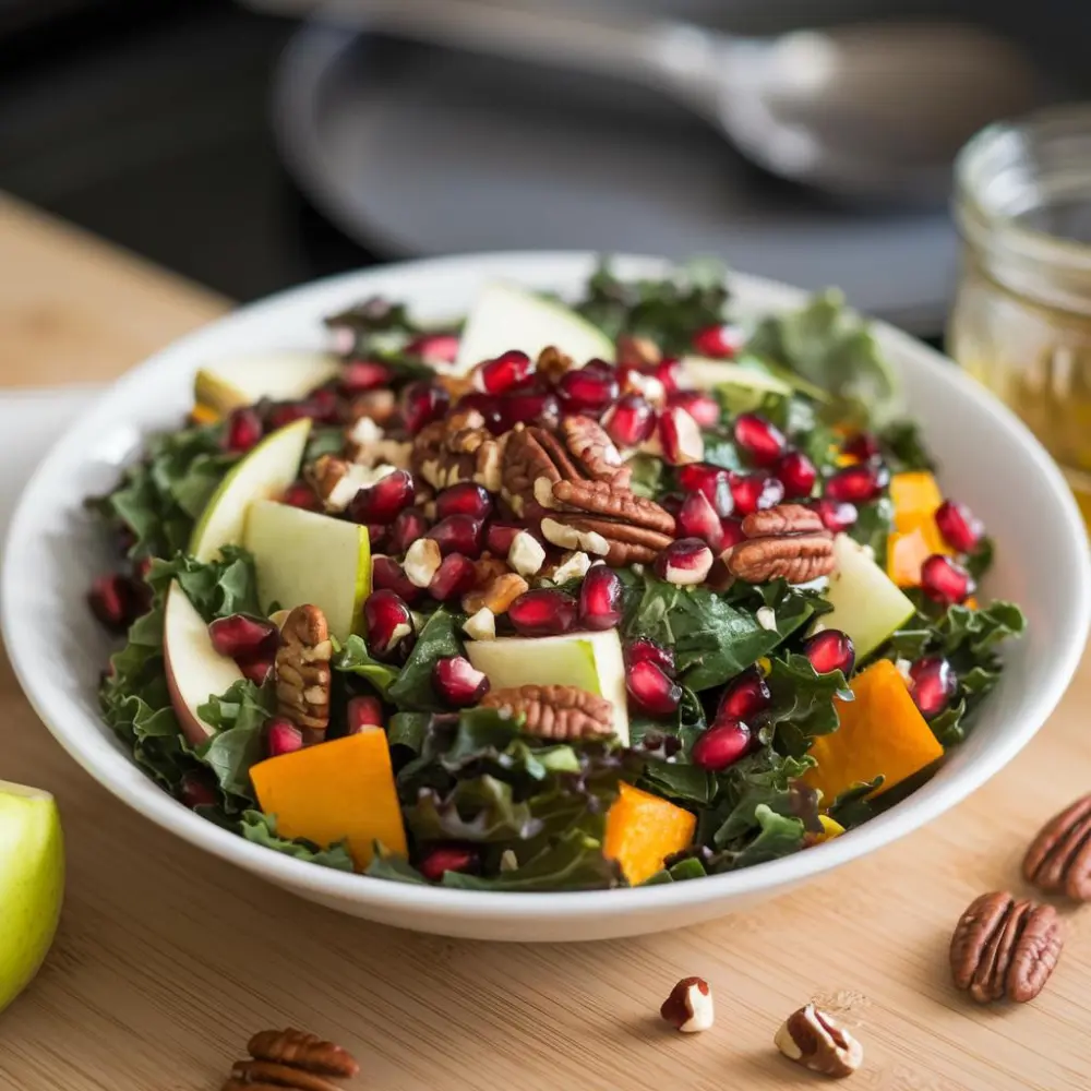 Chopped winter salad with pomegranate arils, featuring fresh greens, nuts, and vibrant pomegranate seeds.
