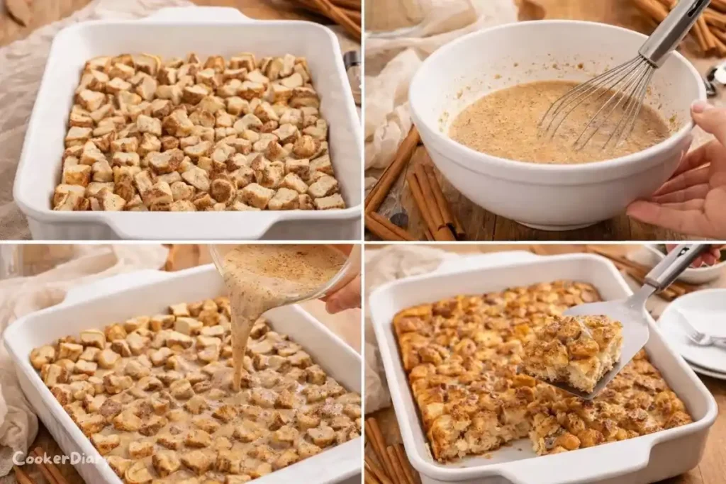 Four-step composite showing how to prepare cinnamon roll Christmas Breakfast casserole.
