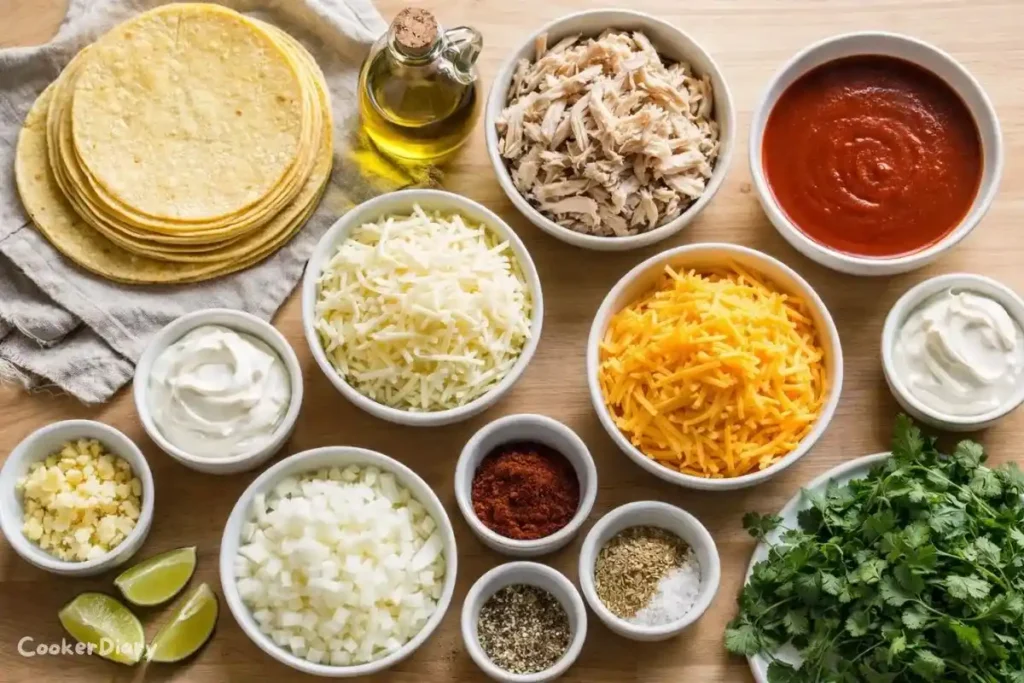 Flat-lay of chicken enchilada ingredients on a wooden counter.