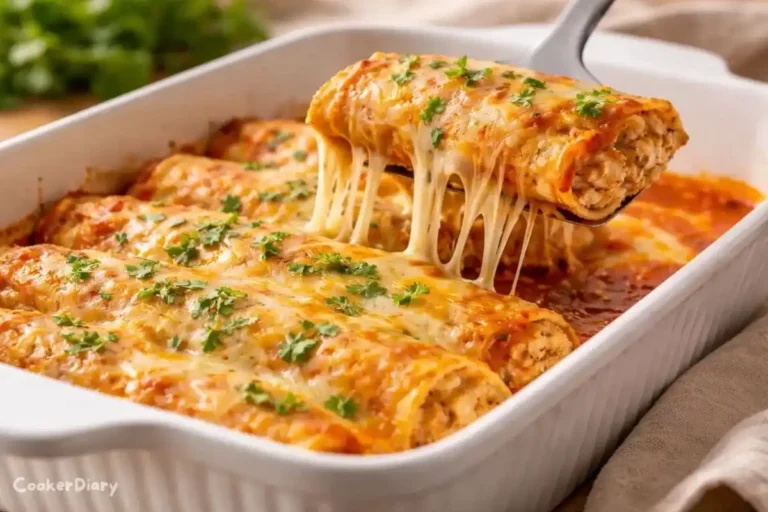 Angled close-up of cheesy chicken enchiladas with sauce and cilantro.