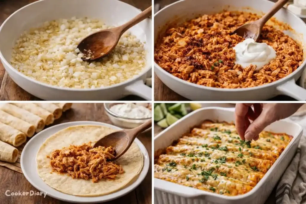 Four-step composite showing how to make classic chicken enchiladas.
