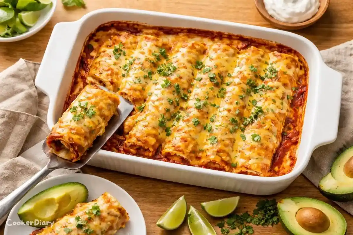 Top-down view of classic chicken enchiladas with melted cheese and cilantro.