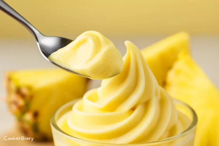 Close-up angled shot of Dole Whip being scooped with a spoon.