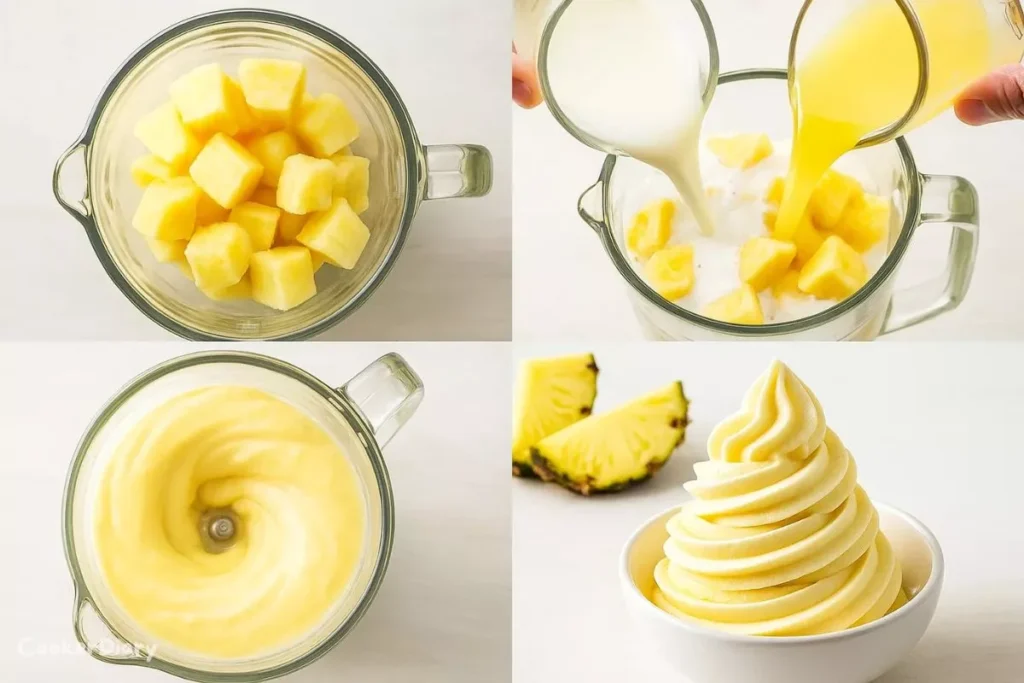 Four-step image of blending pineapple, adding juices, mixing, and serving Dole Whip.