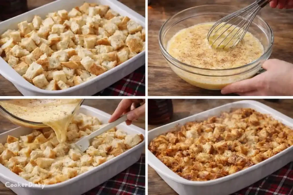 Four-step composite showing preparation of eggnog French toast bake from cubed bread to baked golden dish ready to serve for a Christmas Breakfast.