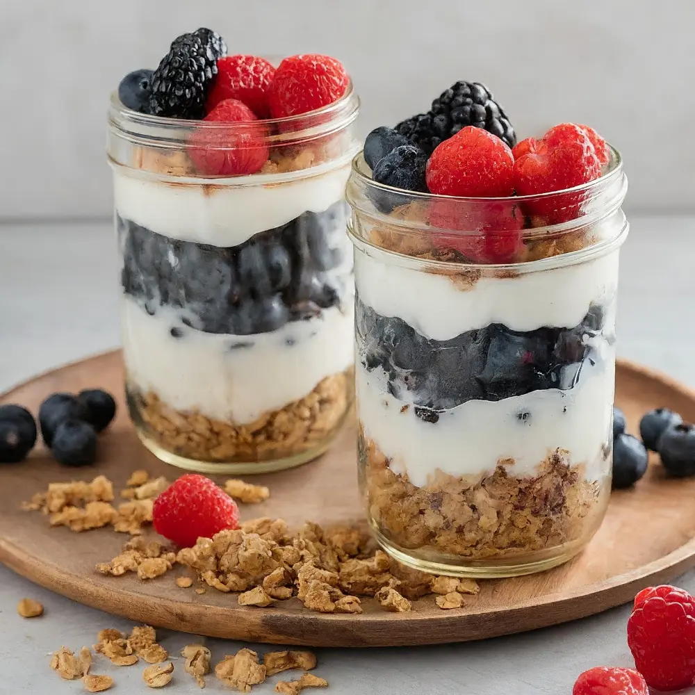 A colorful layered dessert glass filled with fresh fruit, yogurt, and granola, showcasing a delicious fruit and yogurt parfait.