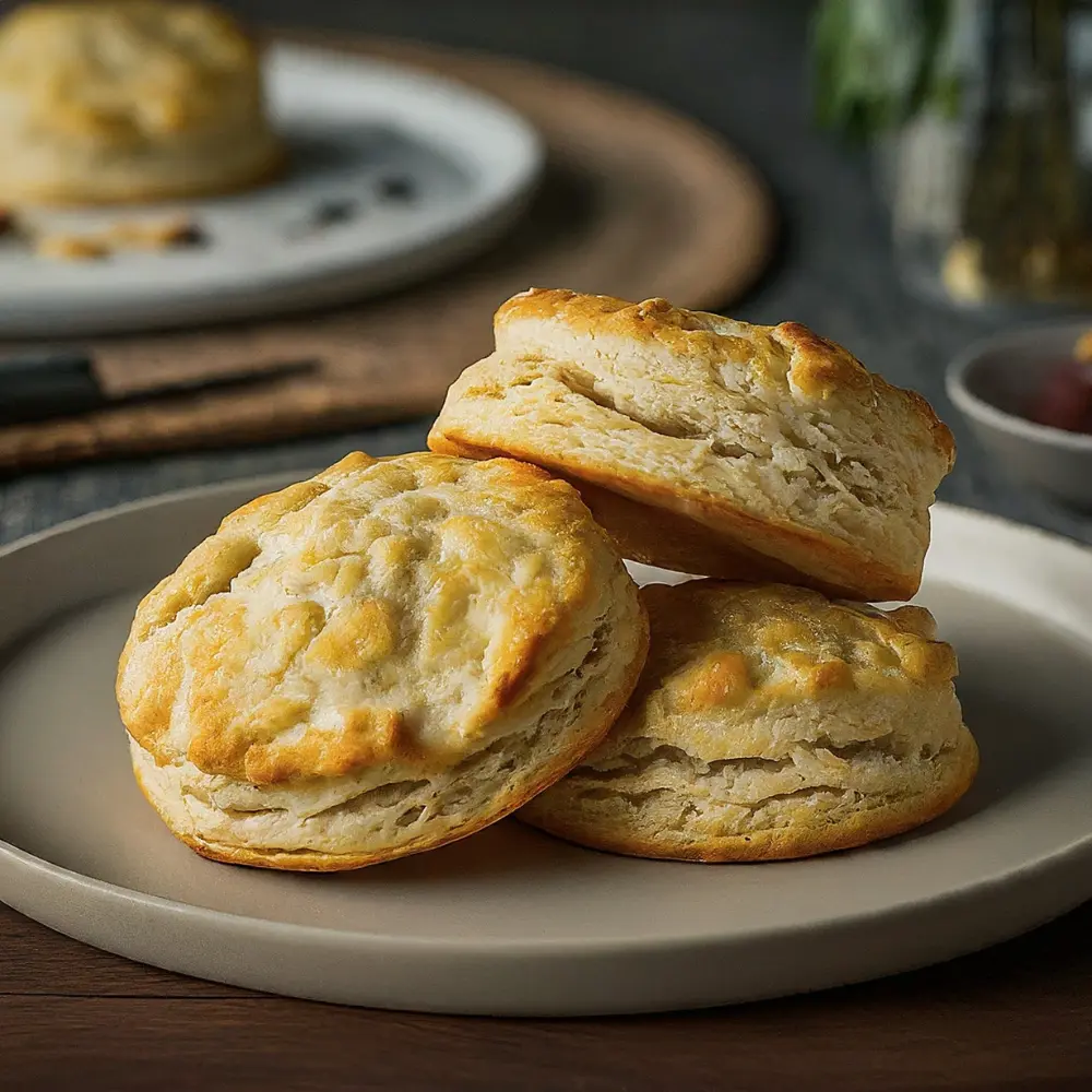 Freshly baked gluten-free biscuits served on a plate with butter, showing their golden brown and flaky texture.