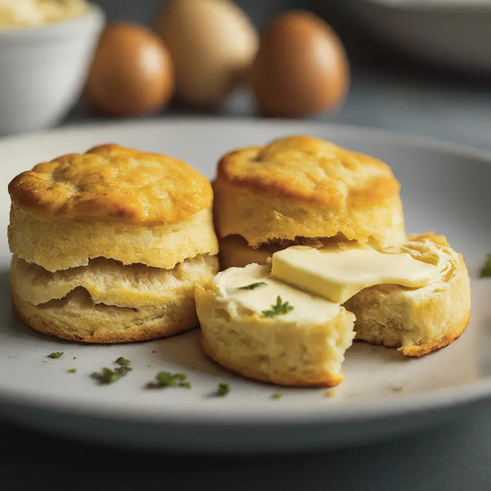 Ingredients for gluten-free biscuits including gluten-free flour, butter, milk, and baking powder, ready to mix.
