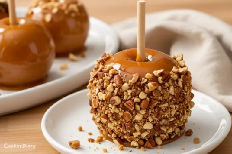Angled close-up of a gourmet caramel apple showing glossy caramel and toppings.