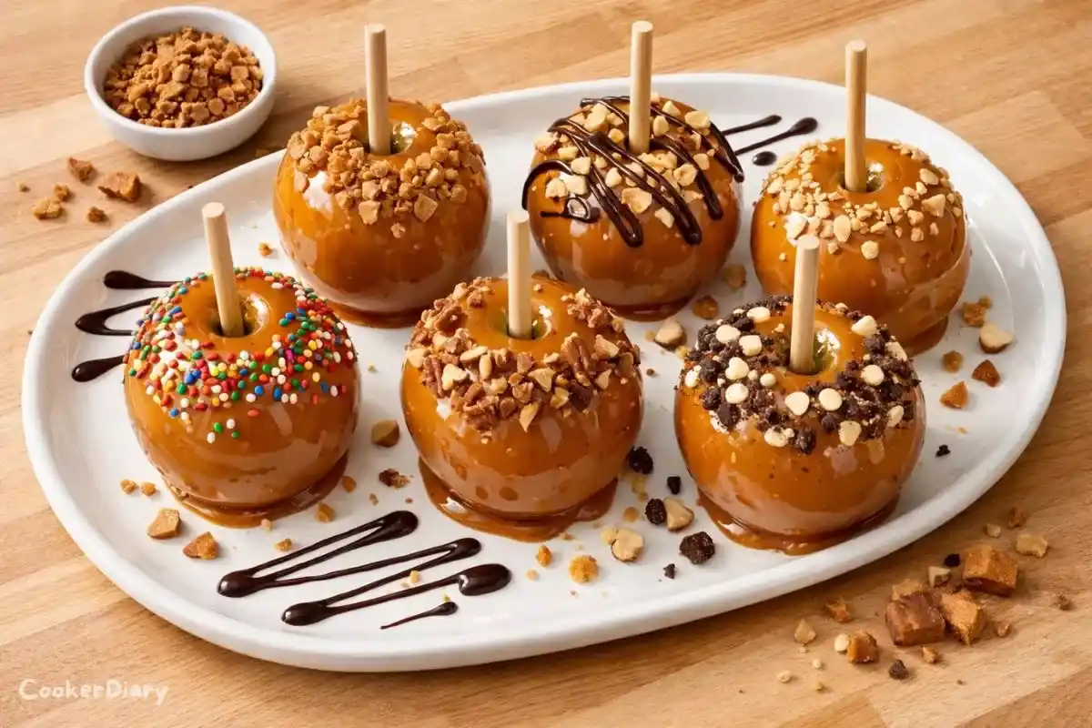 Top-down view of gourmet caramel apples with caramel glaze and toppings on a white platter.