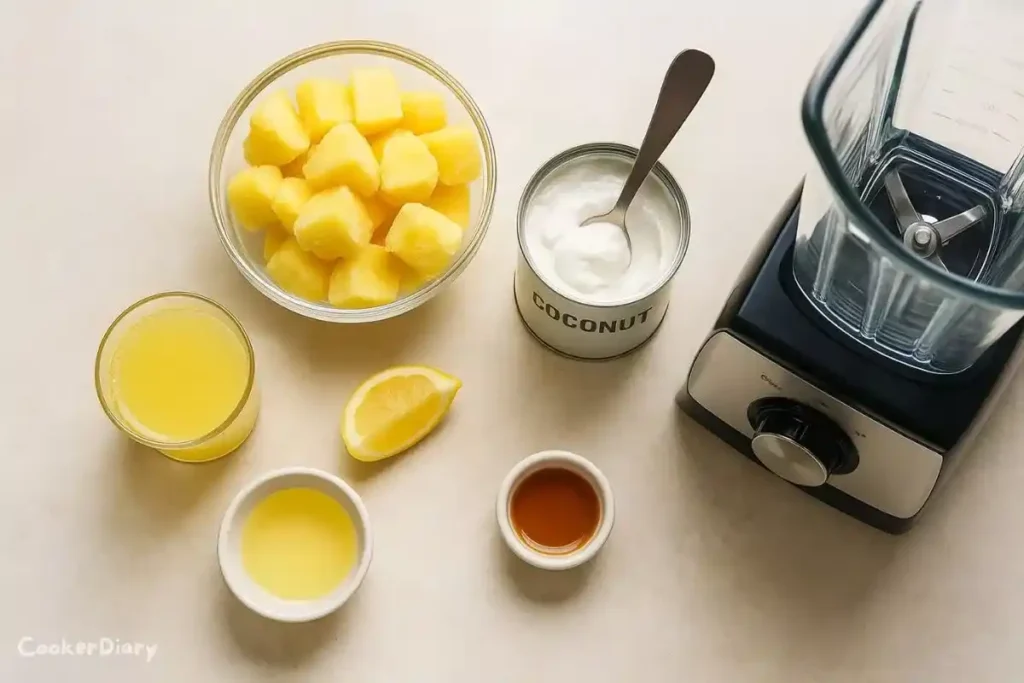 Flat lay of frozen pineapple, coconut milk, pineapple juice, lemon juice, and sweetener.