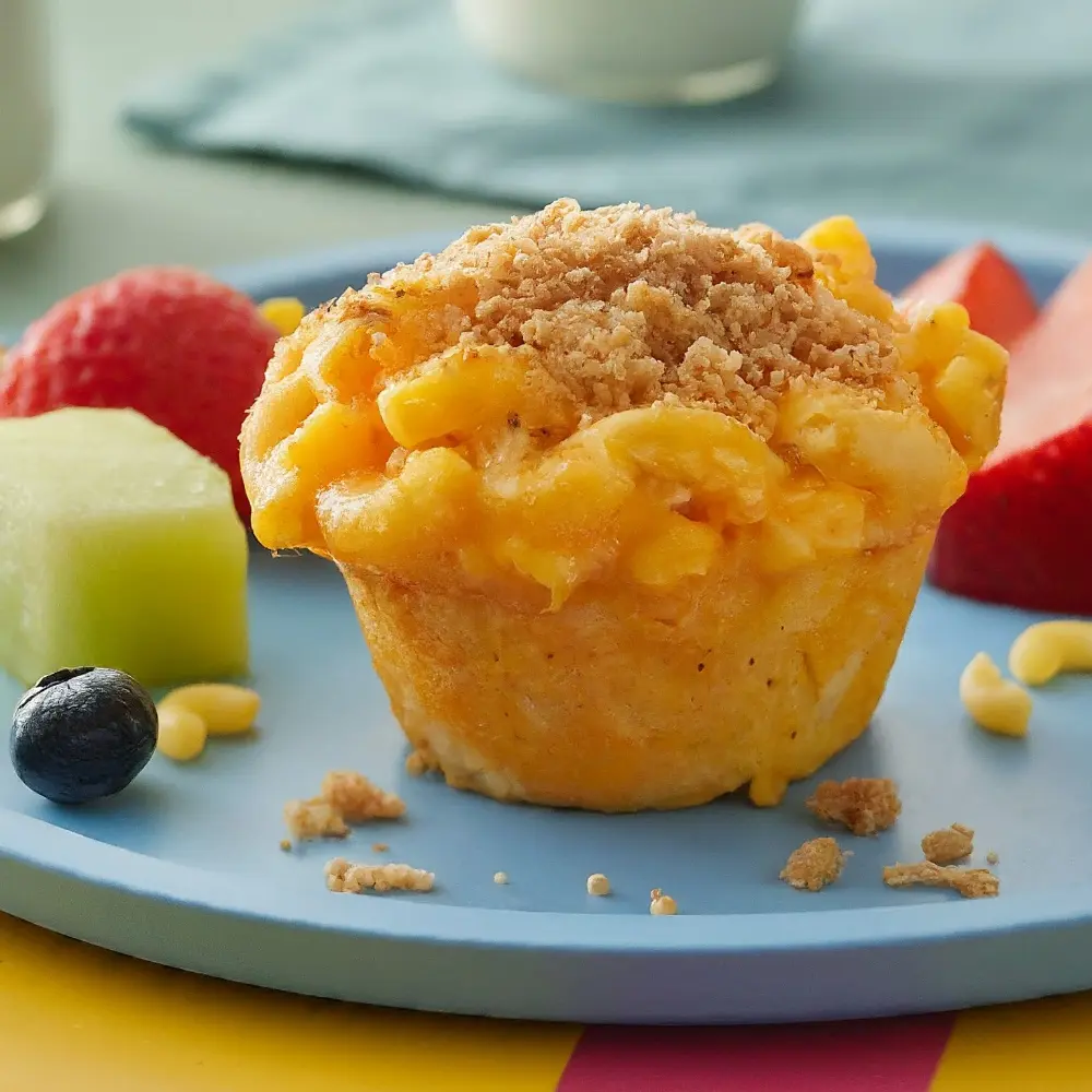 A batch of golden-brown mac and cheese muffins served in a colorful lunchbox, perfect for kids' lunches.