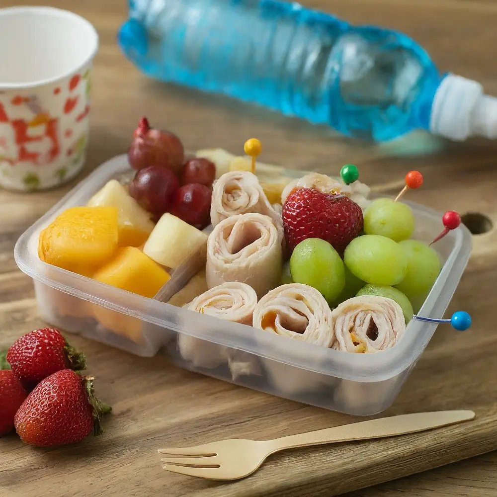 A plate of mini turkey and cheese pinwheels arranged neatly, showcasing a delicious appetizer or snack idea.