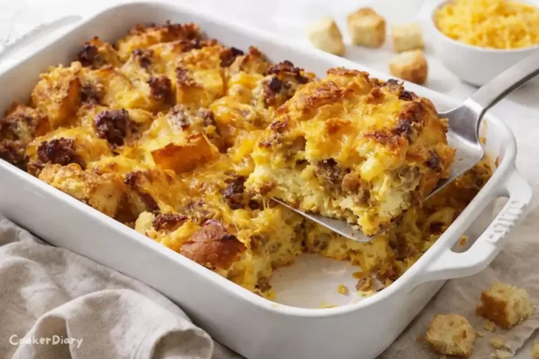 Christmas breakfast of a baked sausage and cheese strata showing fluffy interior and melted cheese.