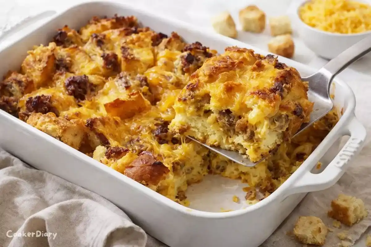 Angled close-up of baked sausage and cheese strata showing fluffy interior and melted cheese.