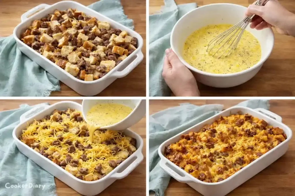 Four-step composite showing preparation of overnight sausage and cheese strata.