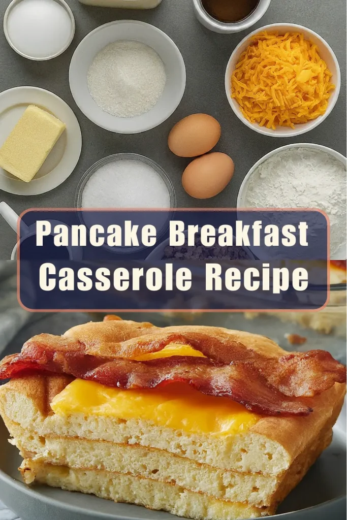 A golden-brown pancake dish topped with fresh berries, syrup, and powdered sugar, served in a baking dish.